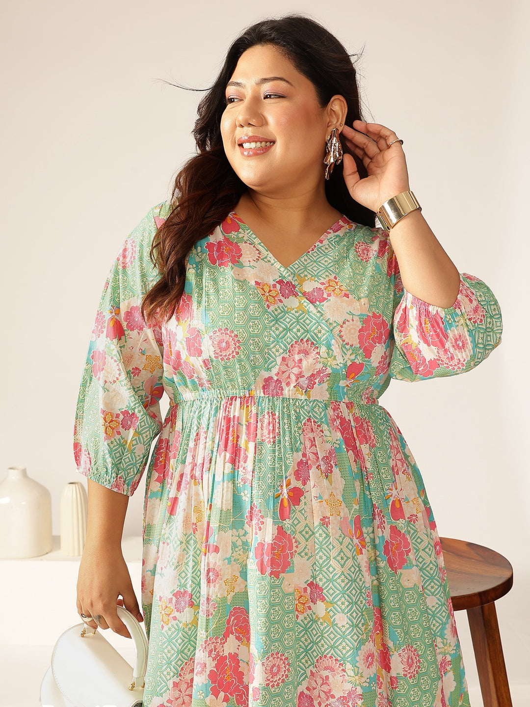Janasya Bright Cotton Floral A-Line Dress | Grocsy