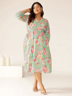 Janasya Bright Cotton Floral A-Line Dress | Grocsy