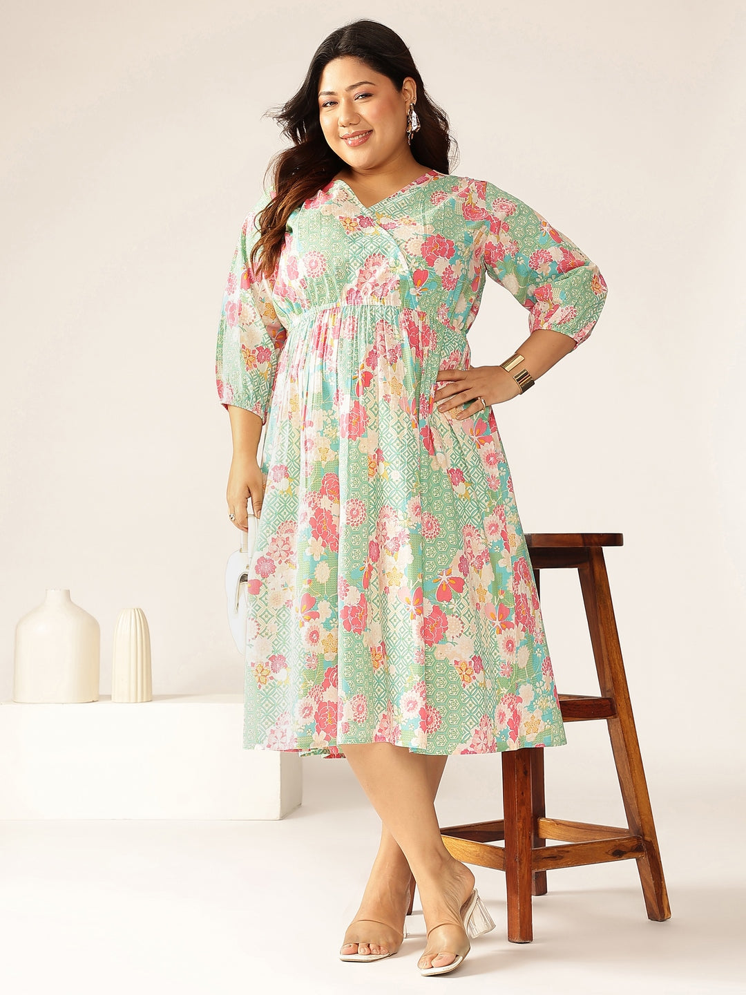 Janasya Bright Cotton Floral A-Line Dress | Grocsy