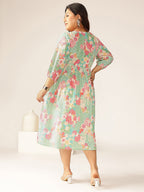 Janasya Bright Cotton Floral A-Line Dress | Grocsy