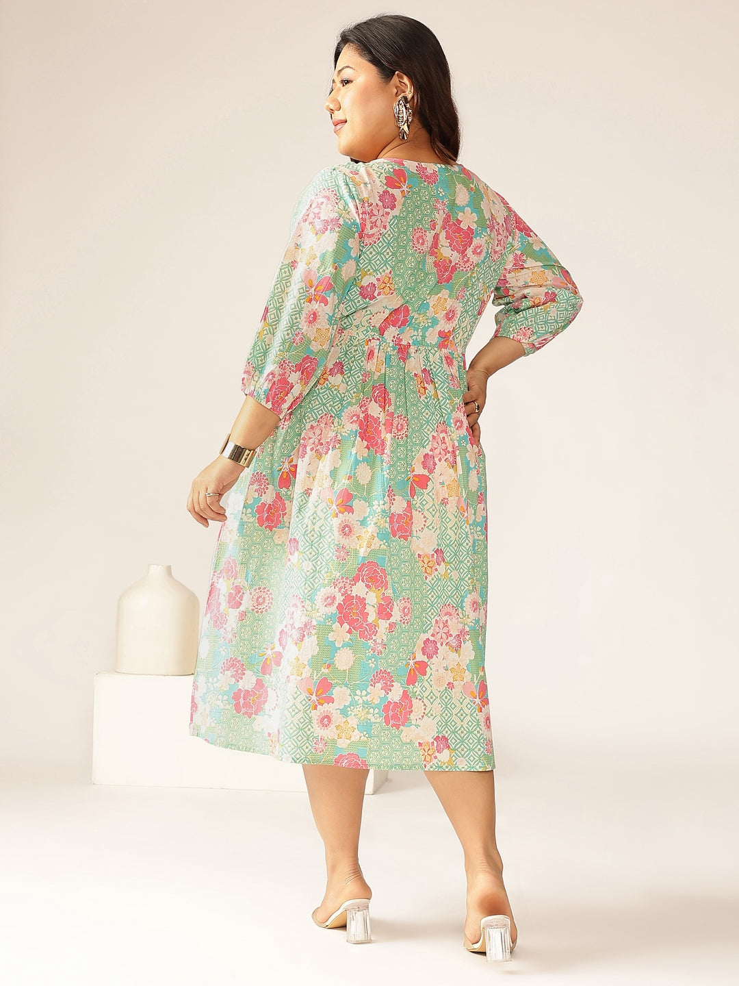 Janasya Bright Cotton Floral A-Line Dress | Grocsy