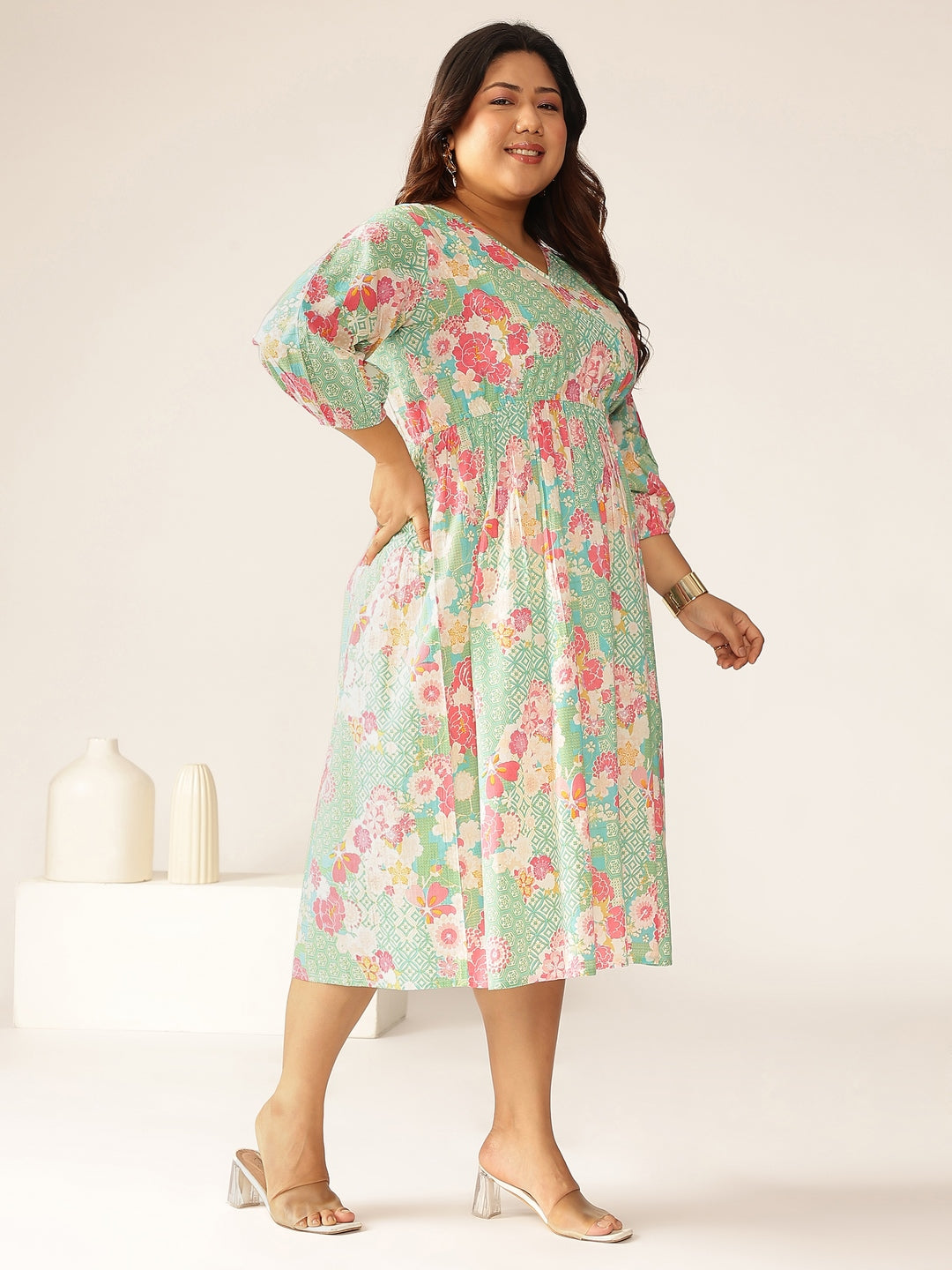 Janasya Bright Cotton Floral A-Line Dress | Grocsy