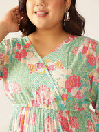 Janasya Bright Cotton Floral A-Line Dress | Grocsy