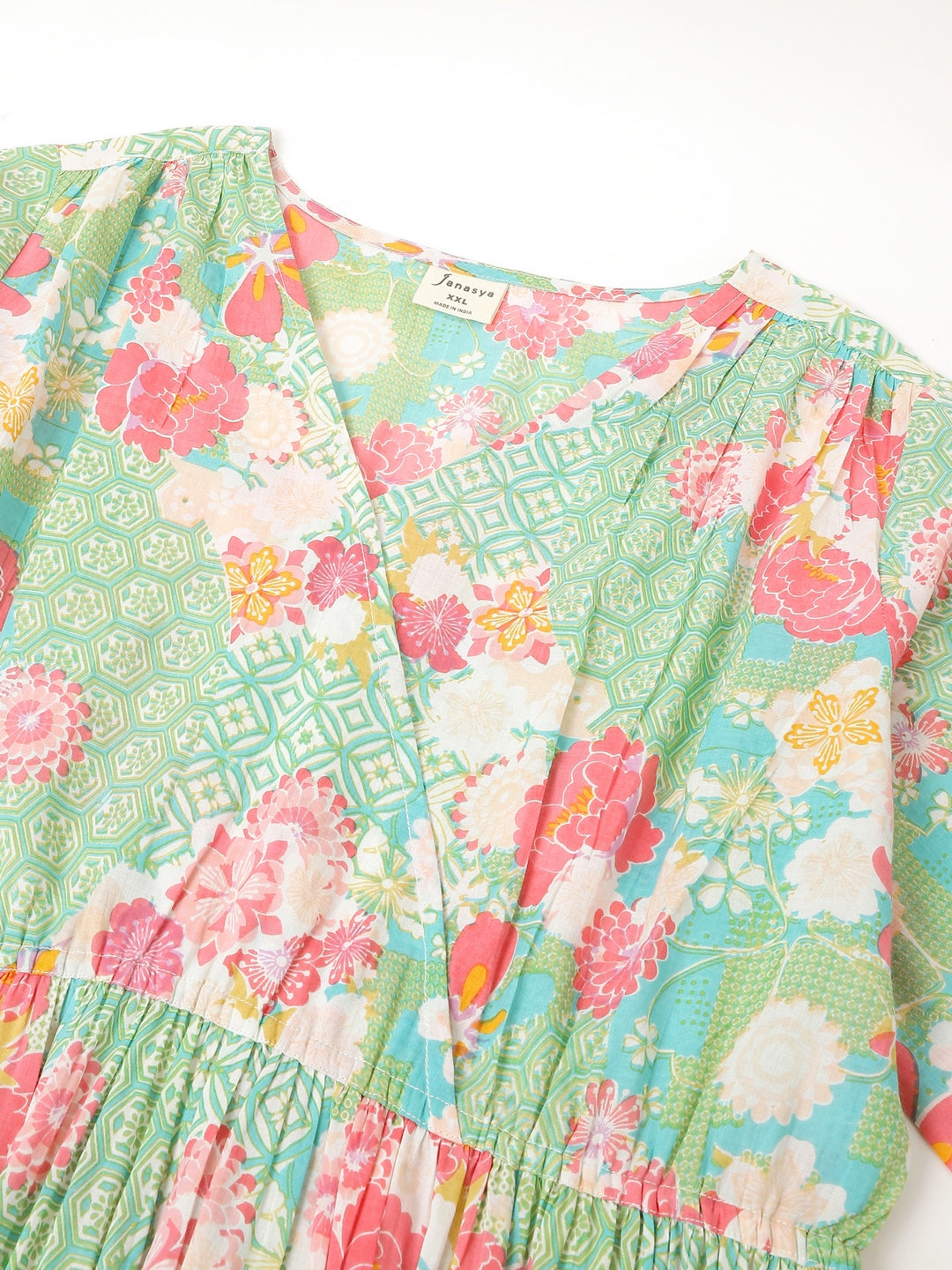 Janasya Bright Cotton Floral A-Line Dress | Grocsy