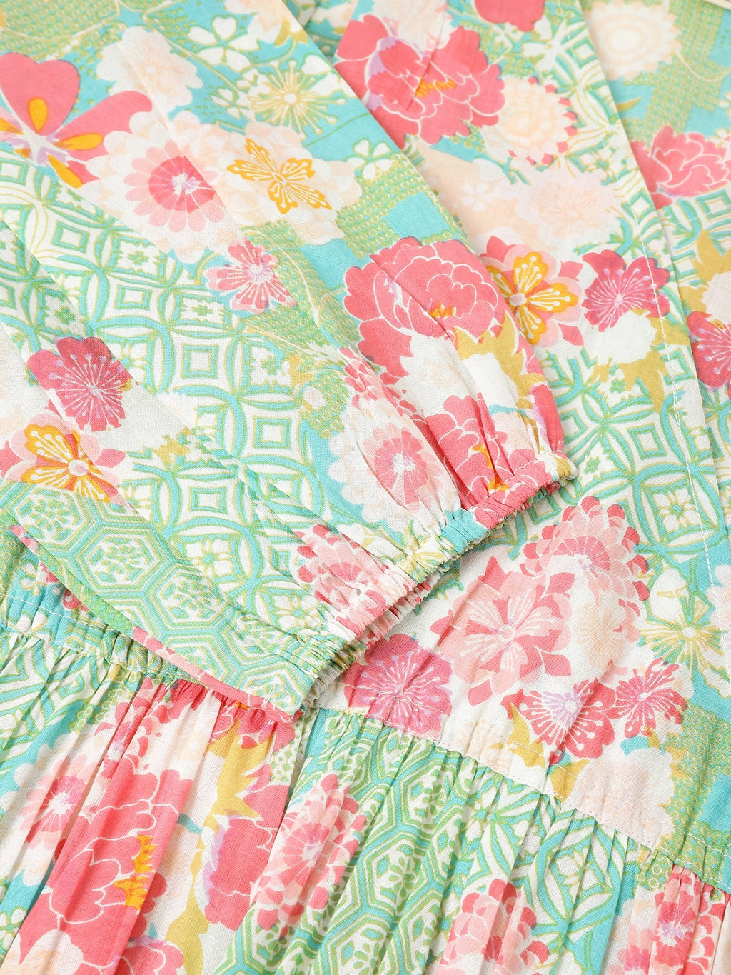 Janasya Bright Cotton Floral A-Line Dress | Grocsy