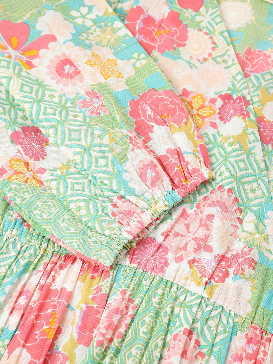 Janasya Bright Cotton Floral A-Line Dress | Grocsy