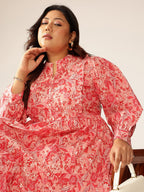 Janasya Bright Cotton Floral A-Line Dress | Grocsy