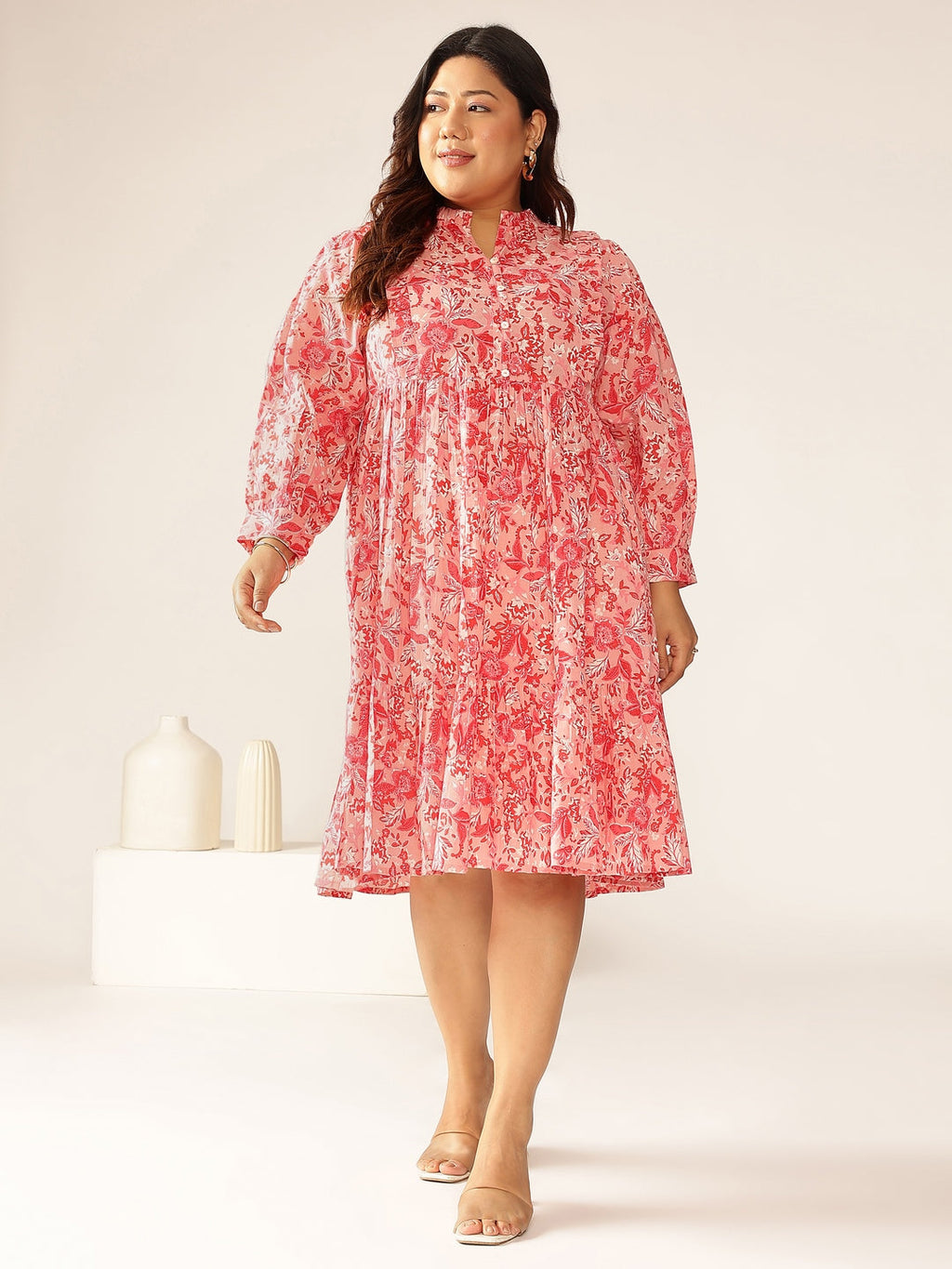 Janasya Bright Cotton Floral A-Line Dress | Grocsy