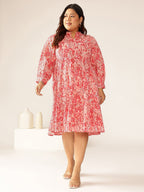 Janasya Bright Cotton Floral A-Line Dress | Grocsy