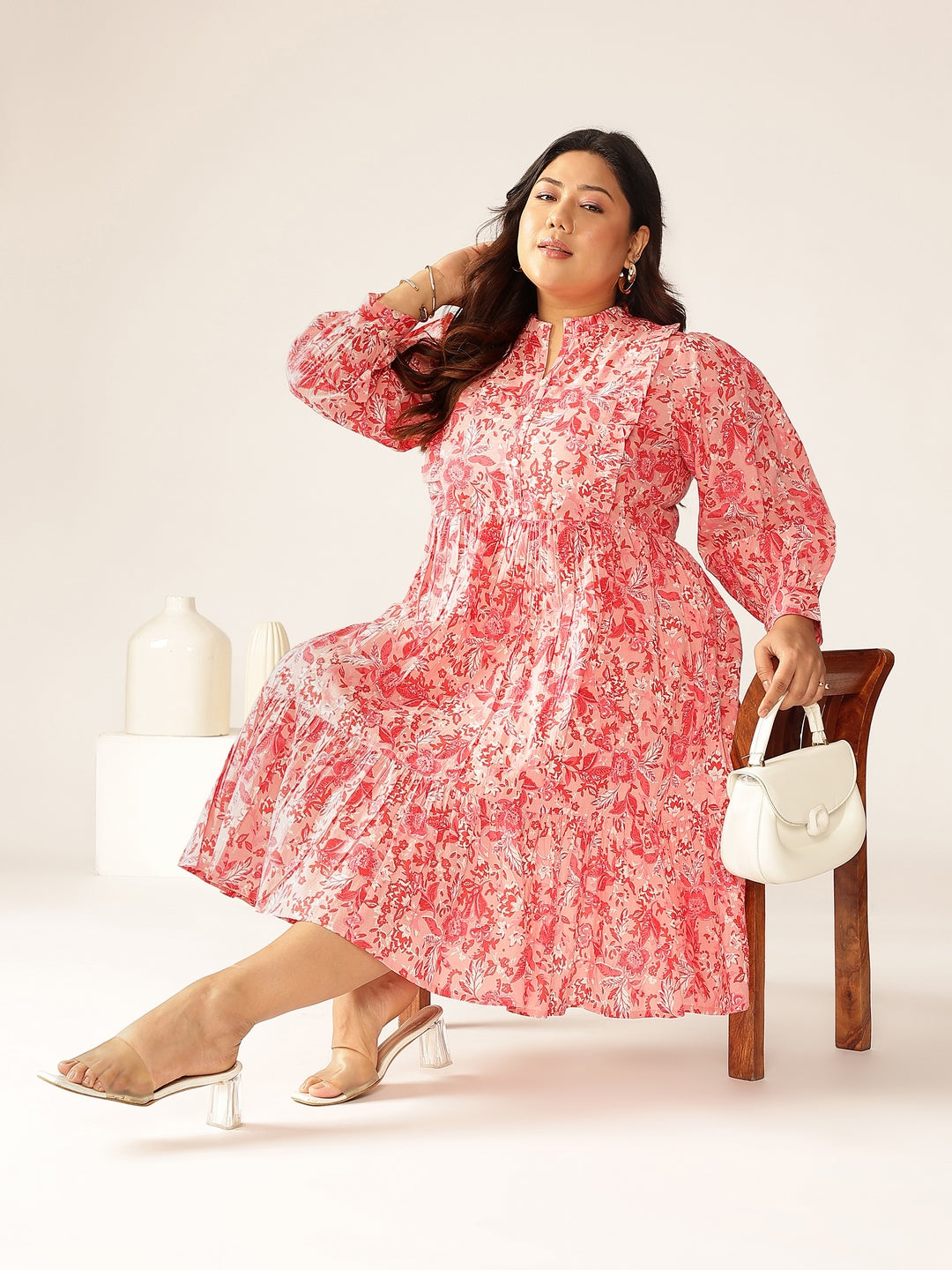 Janasya Bright Cotton Floral A-Line Dress | Grocsy