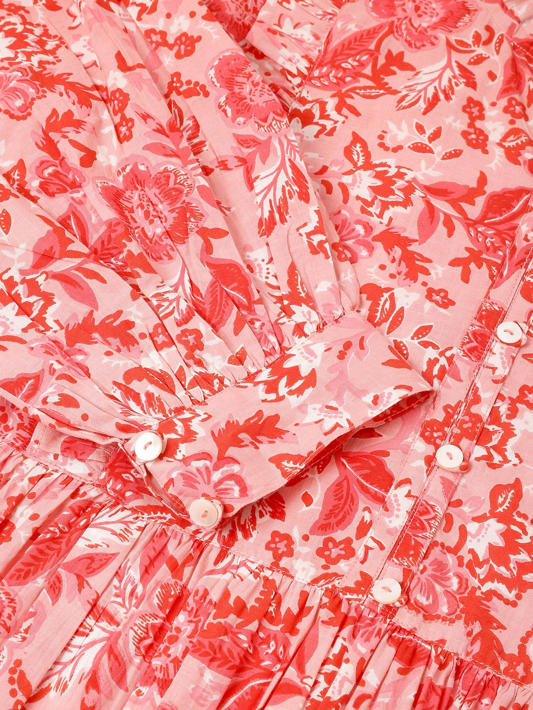 Janasya Bright Cotton Floral A-Line Dress | Grocsy