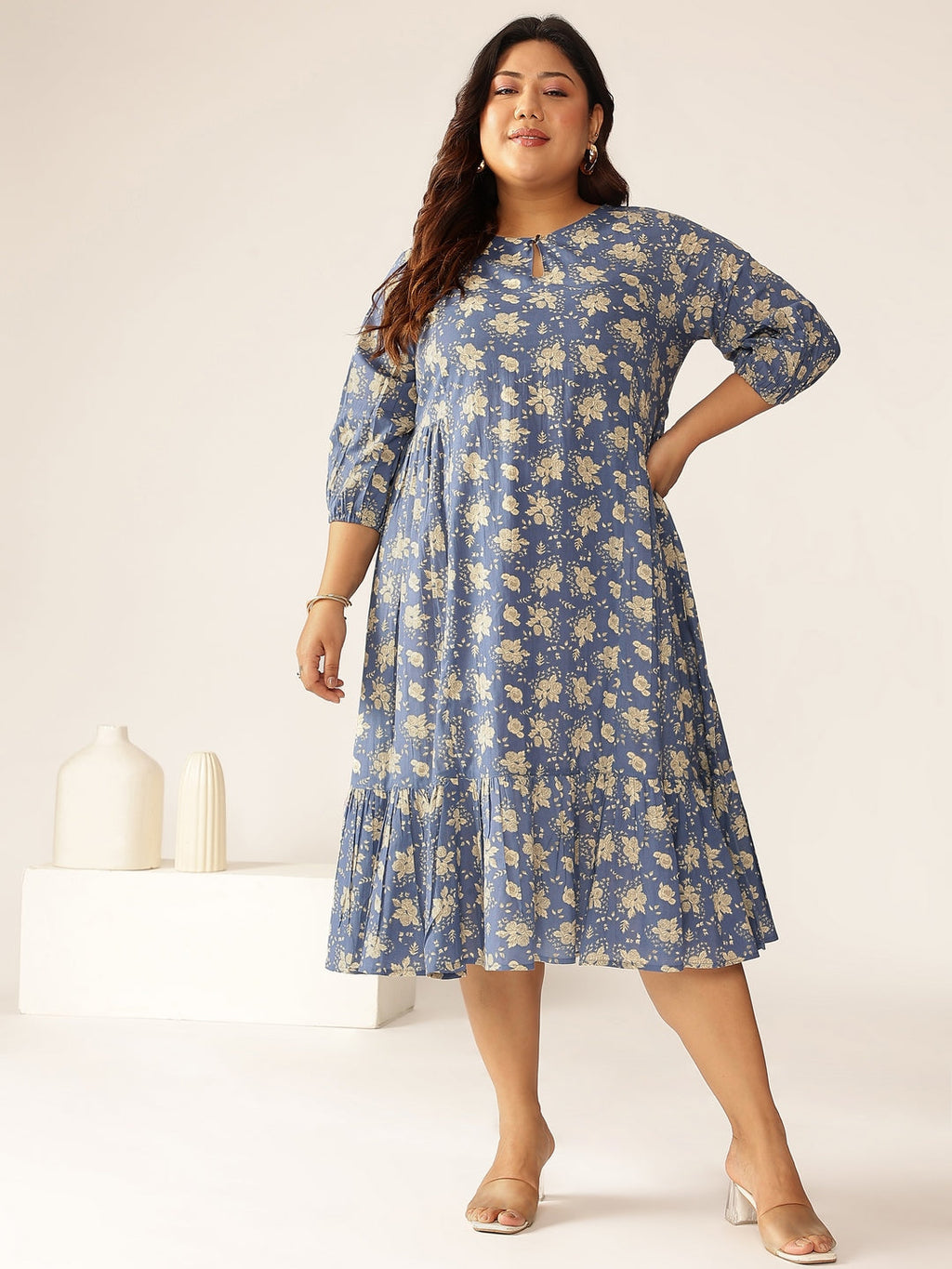 Janasya Bright Cotton Floral Fit & Flare Dress | Grocsy