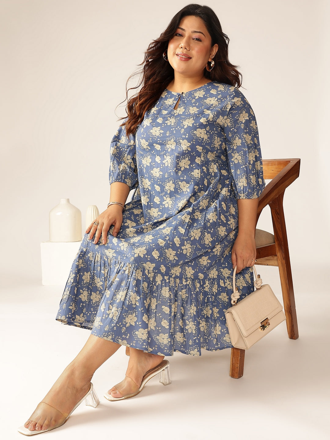 Janasya Bright Cotton Floral Fit & Flare Dress | Grocsy