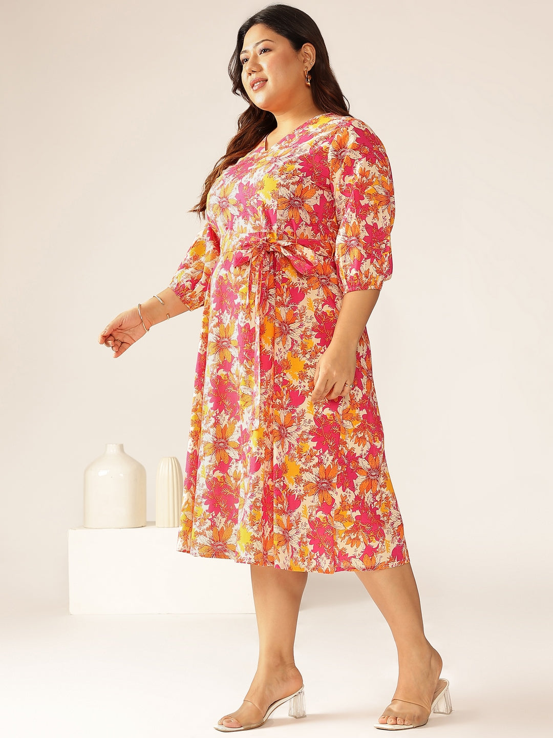 Janasya Bright Cotton Floral A-Line Dress | Grocsy