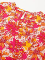 Janasya Bright Cotton Floral A-Line Dress | Grocsy