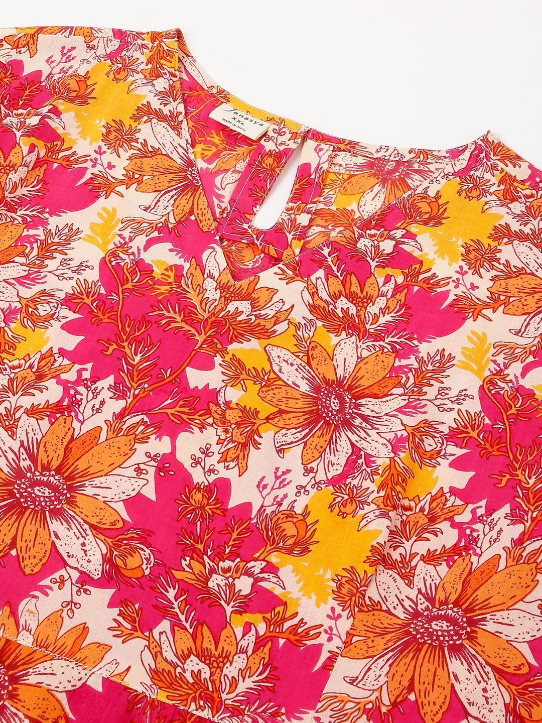Janasya Bright Cotton Floral A-Line Dress | Grocsy