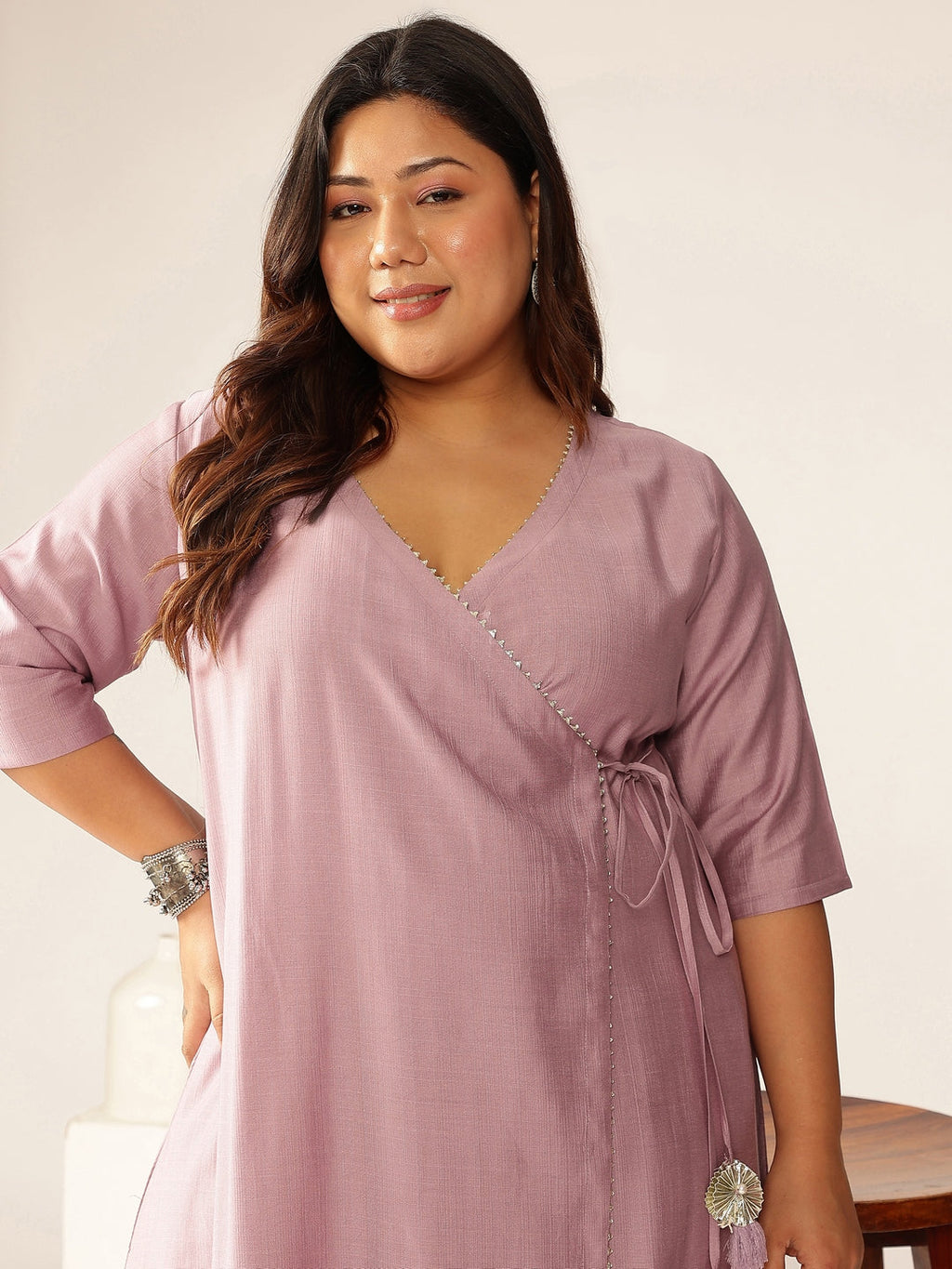 Janasya Light Silk Blend Solid Angrakha Kurta Set | Grocsy