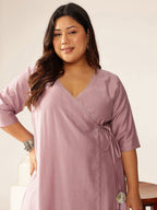 Janasya Light Silk Blend Solid Angrakha Kurta Set | Grocsy