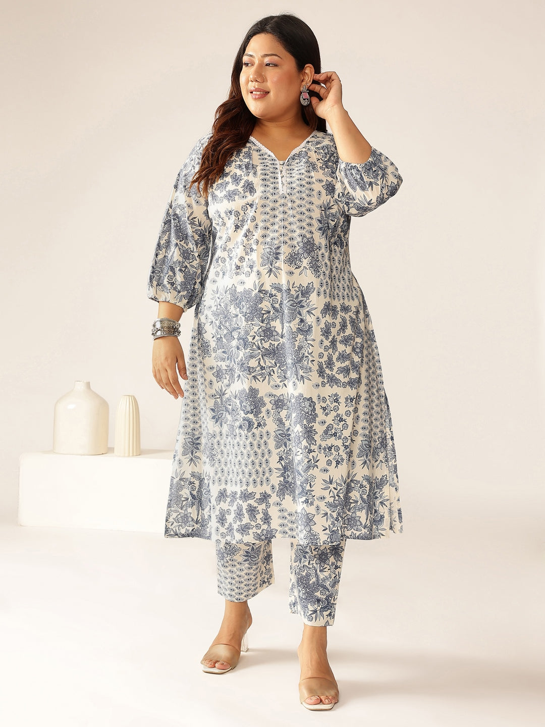 Janasya Light Cotton Floral A-Line Kurta Set | Grocsy