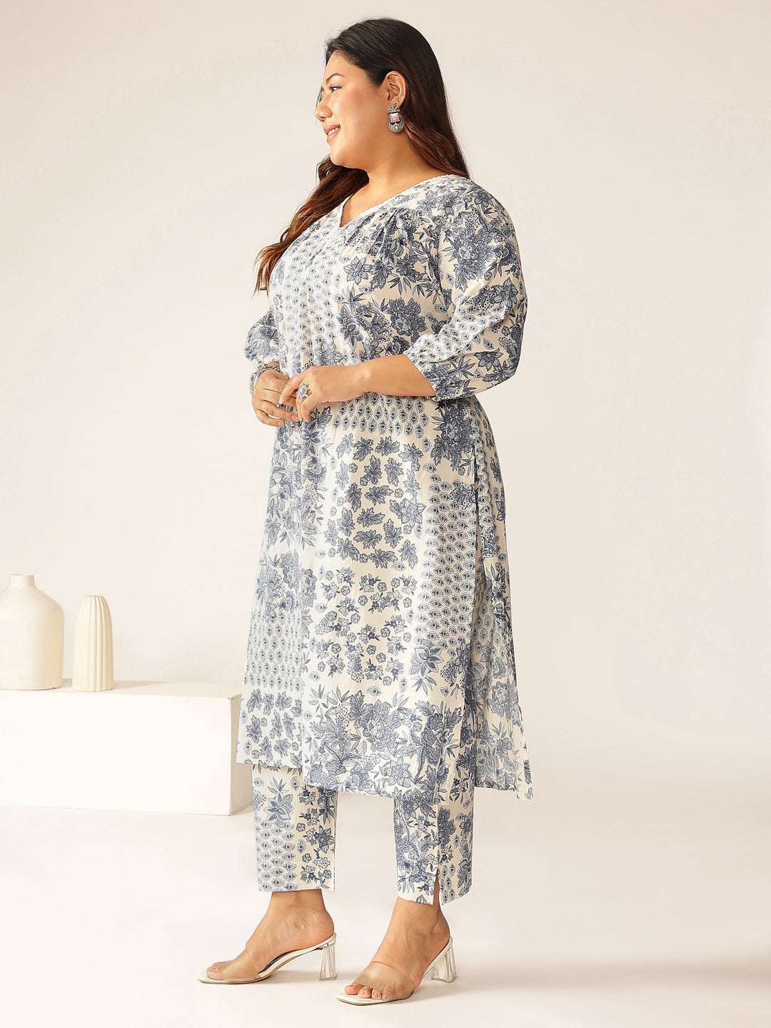 Janasya Light Cotton Floral A-Line Kurta Set | Grocsy
