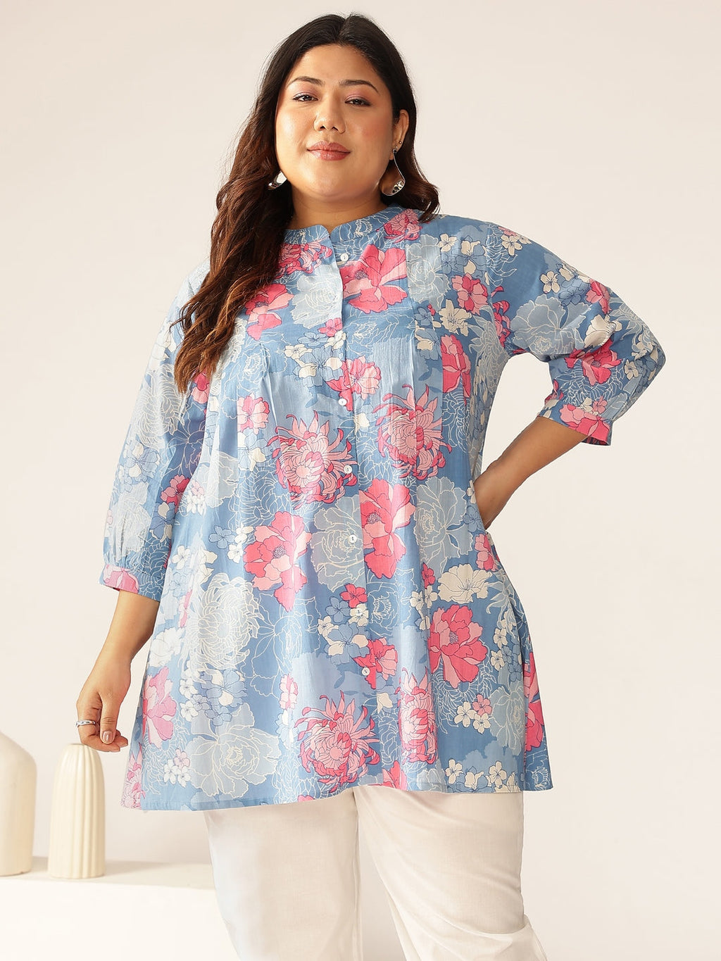 Janasya Bright Cotton Floral A-Line Tunic | Grocsy