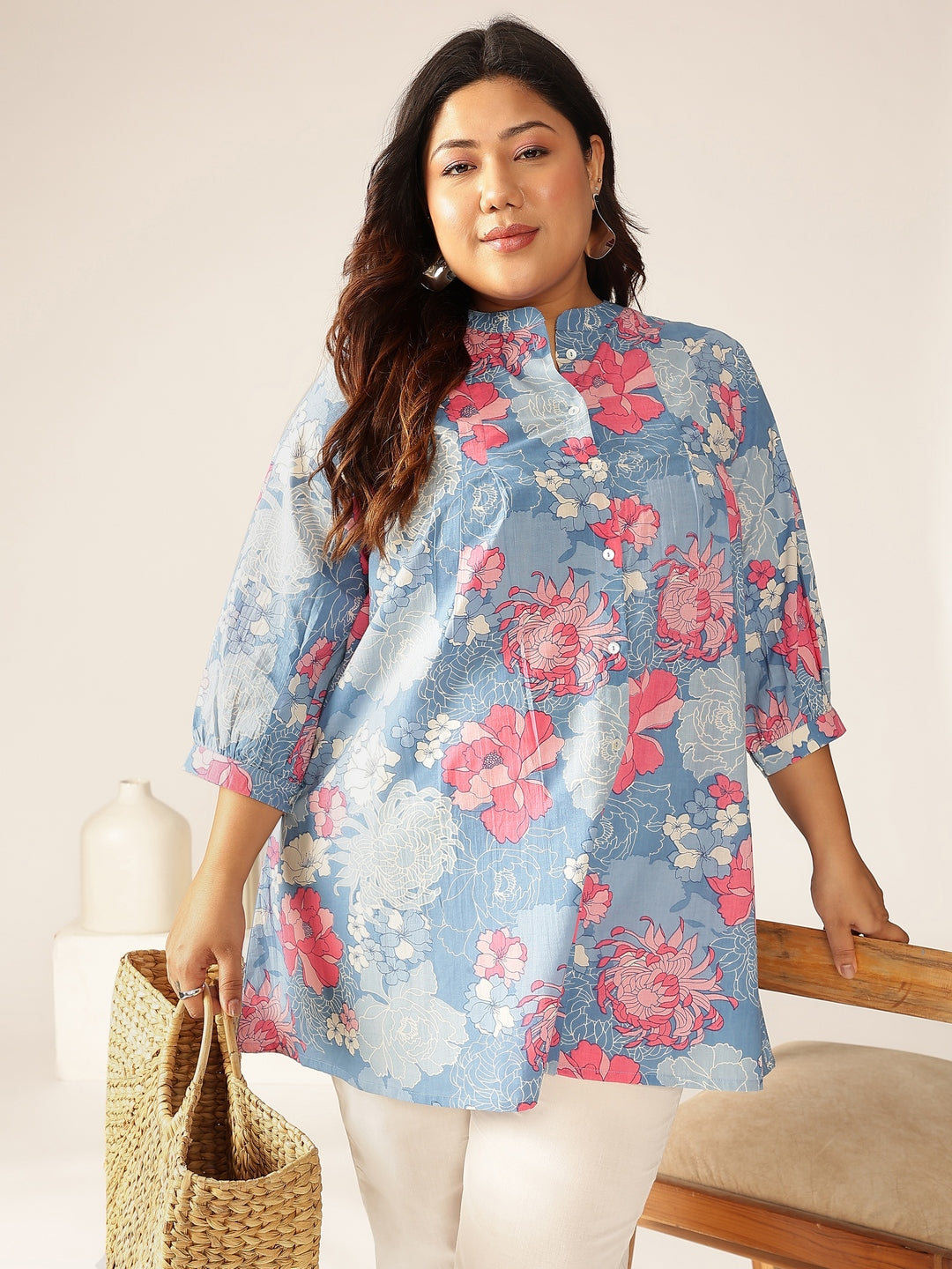 Janasya Bright Cotton Floral A-Line Tunic | Grocsy