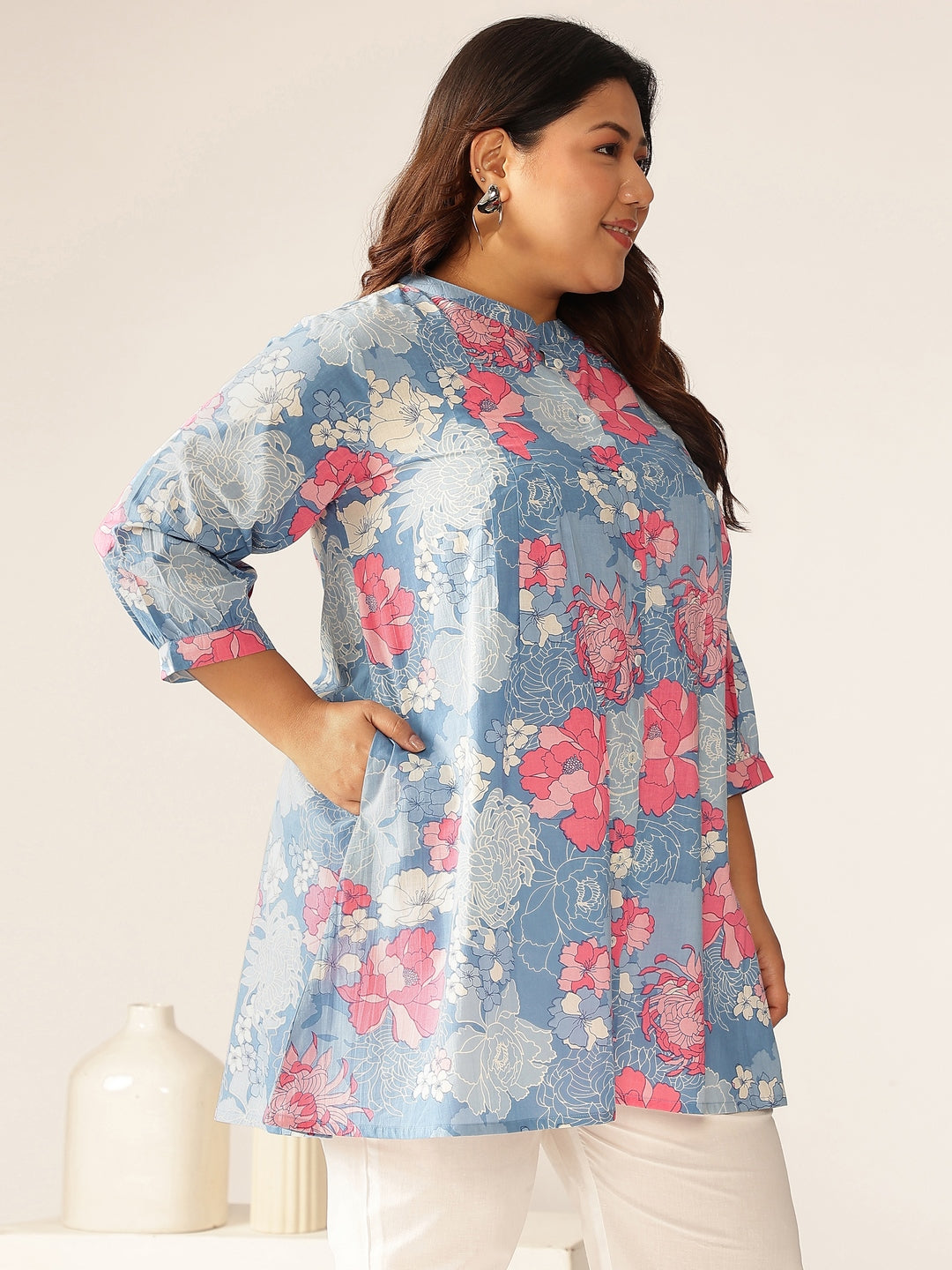 Janasya Bright Cotton Floral A-Line Tunic | Grocsy