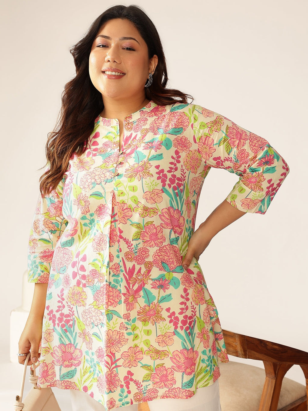 Janasya Bright Cotton Floral A-Line Tunic | Grocsy