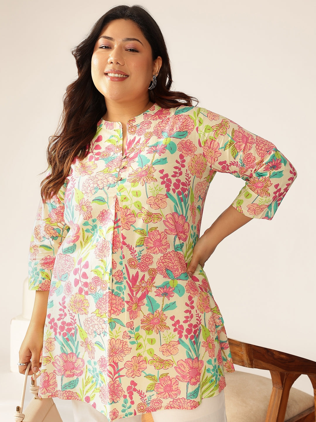 Janasya Bright Cotton Floral A-Line Tunic | Grocsy