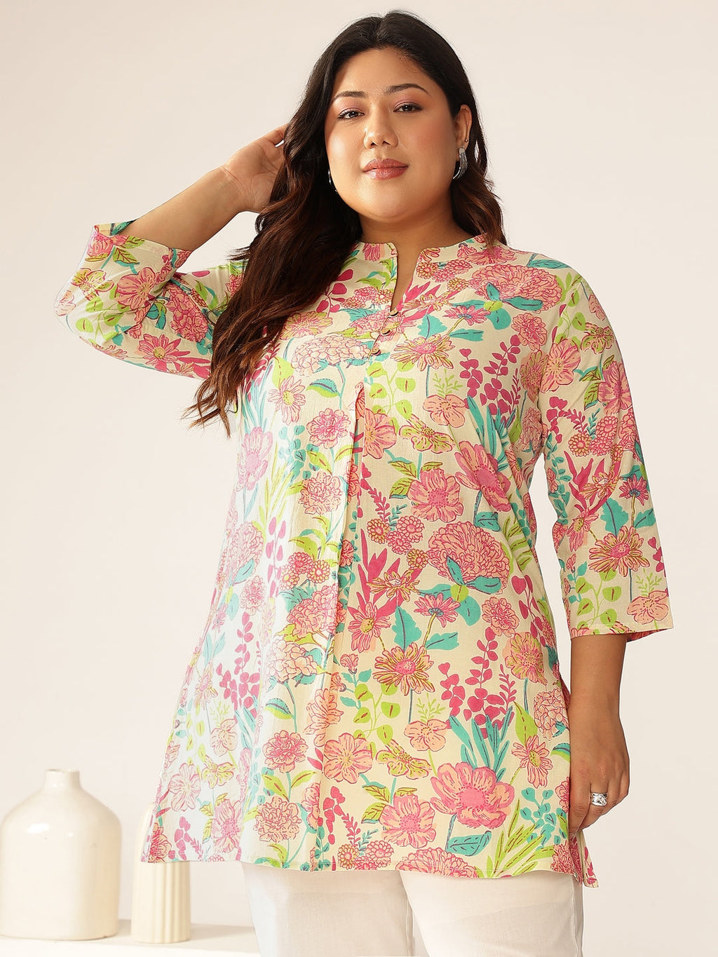 Janasya Bright Cotton Floral A-Line Tunic | Grocsy