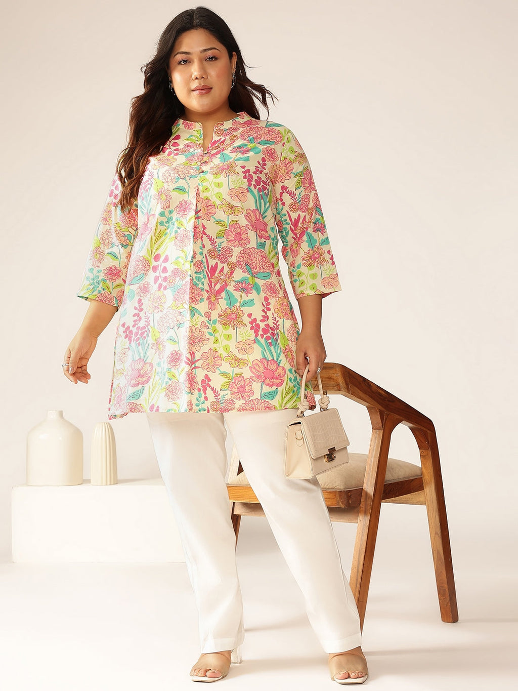 Janasya Bright Cotton Floral A-Line Tunic | Grocsy