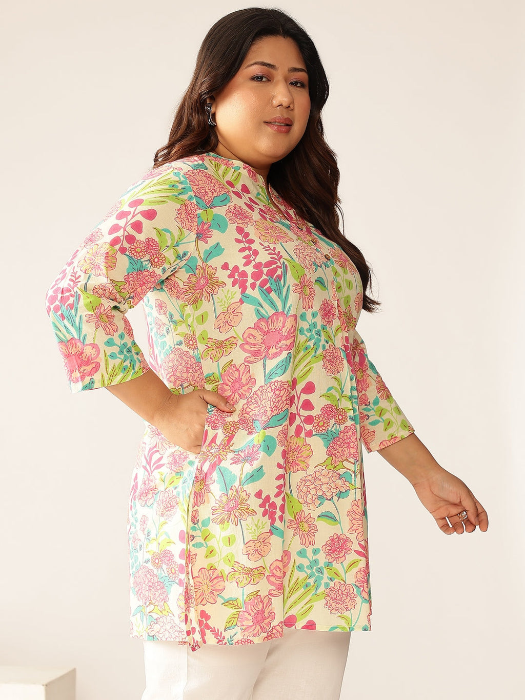 Janasya Bright Cotton Floral A-Line Tunic | Grocsy