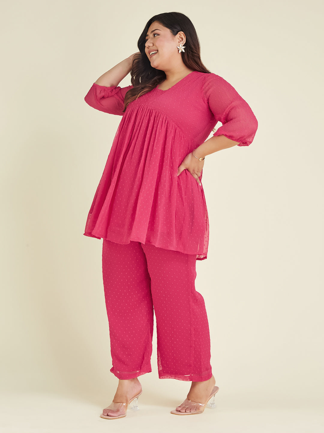 Janasya Bright Dobby Chiffon Self Design A-Line Top & Bottom Set | Grocsy
