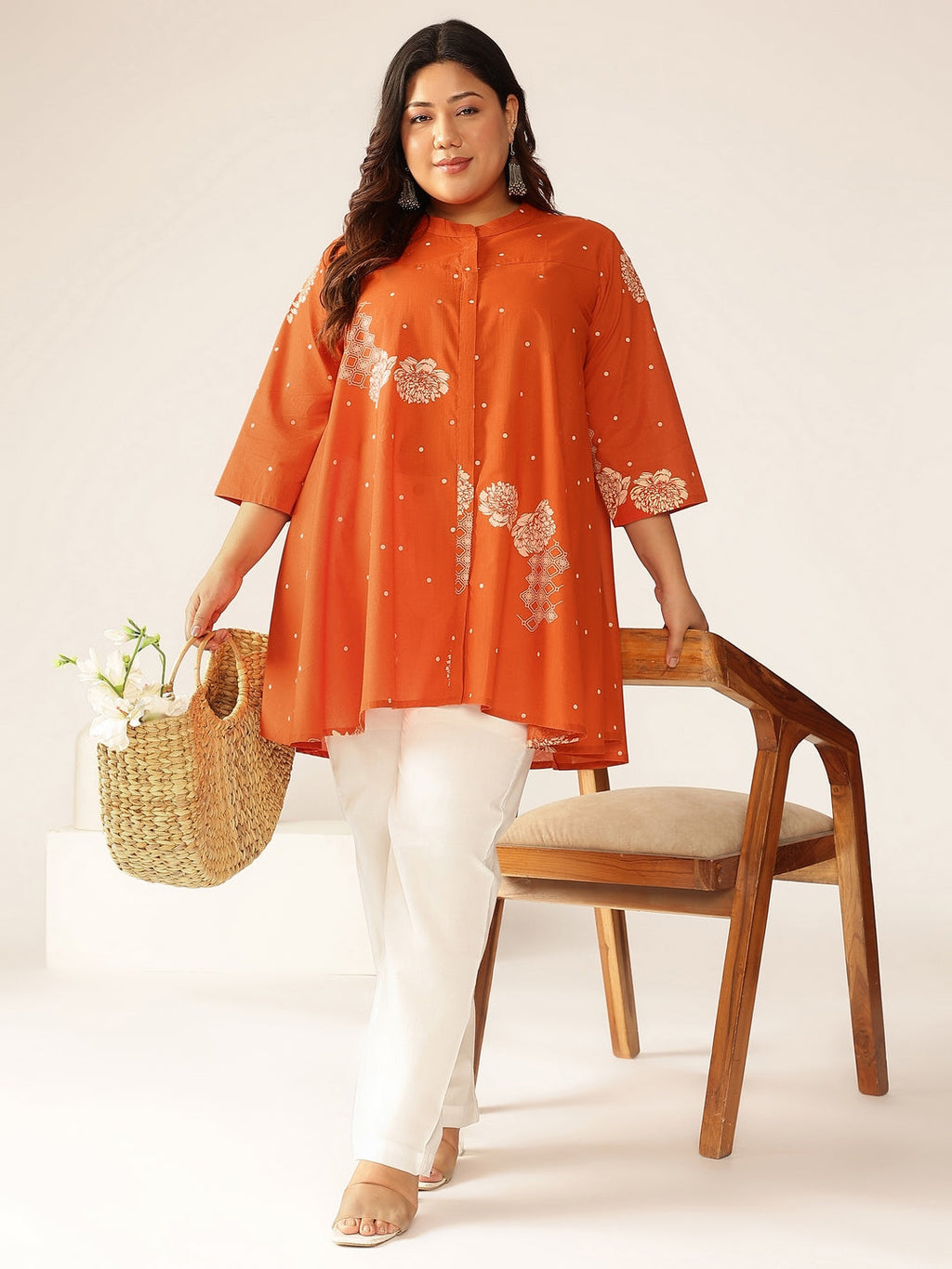 Janasya Dark Cotton Floral A-Line Tunic | Grocsy