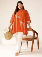 Janasya Dark Cotton Floral A-Line Tunic | Grocsy