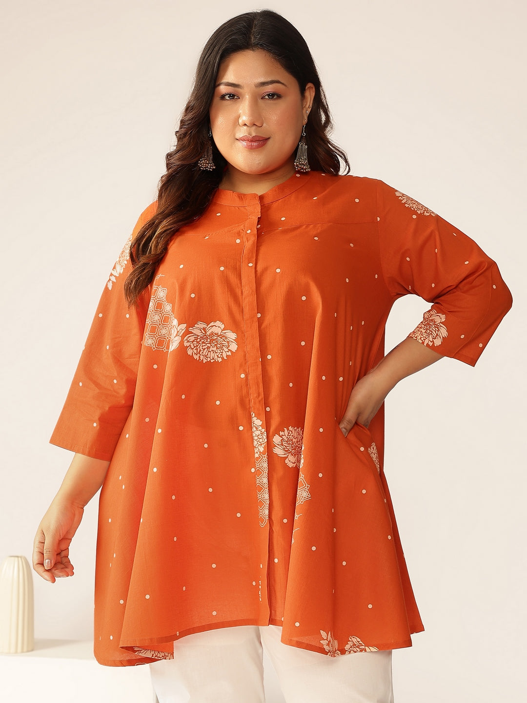Janasya Dark Cotton Floral A-Line Tunic | Grocsy