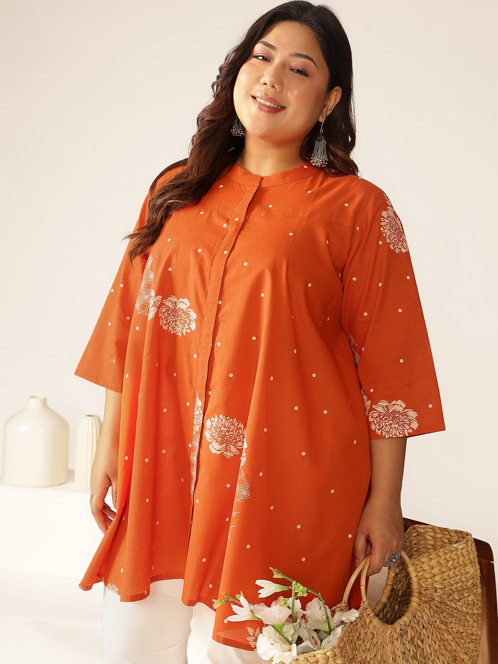 Janasya Dark Cotton Floral A-Line Tunic | Grocsy