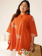 Janasya Dark Cotton Floral A-Line Tunic | Grocsy