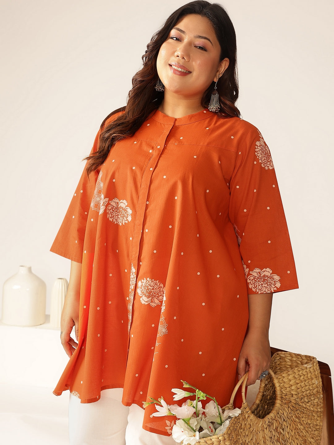 Janasya Dark Cotton Floral A-Line Tunic | Grocsy