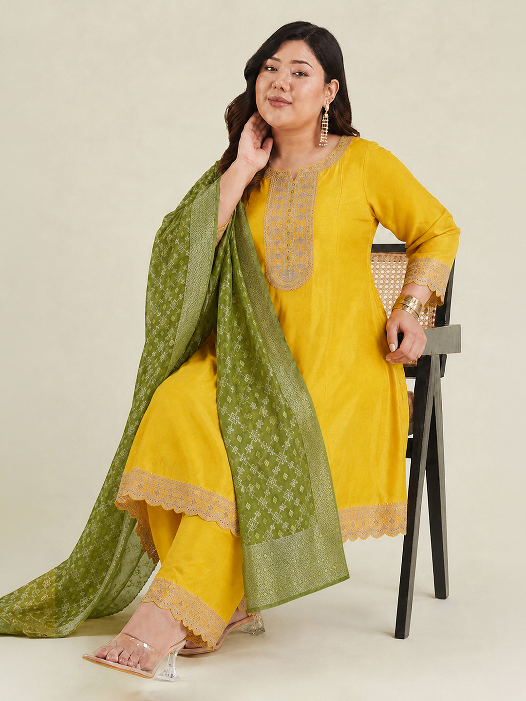 Janasya Yellow Anarkali Silk Blend Kurta,Bottom & Dupatta | Grocsy