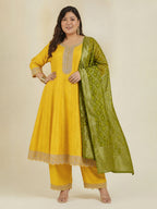 Janasya Yellow Anarkali Silk Blend Kurta,Bottom & Dupatta | Grocsy