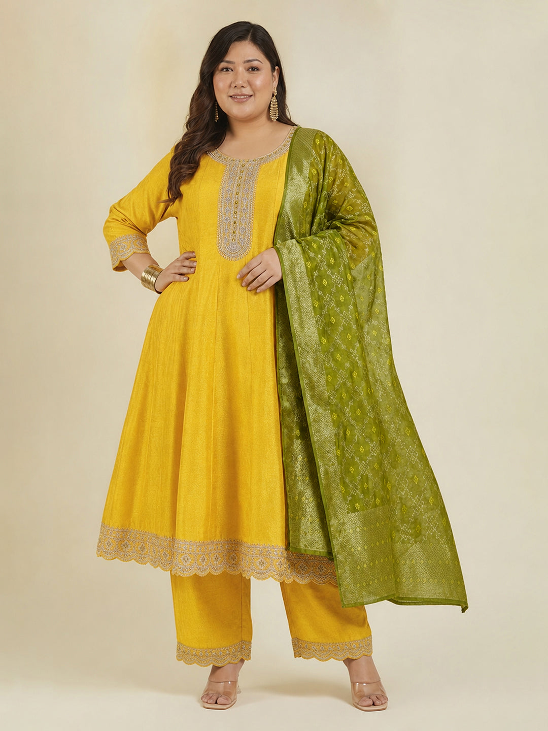 Janasya Yellow Anarkali Silk Blend Kurta,Bottom & Dupatta | Grocsy