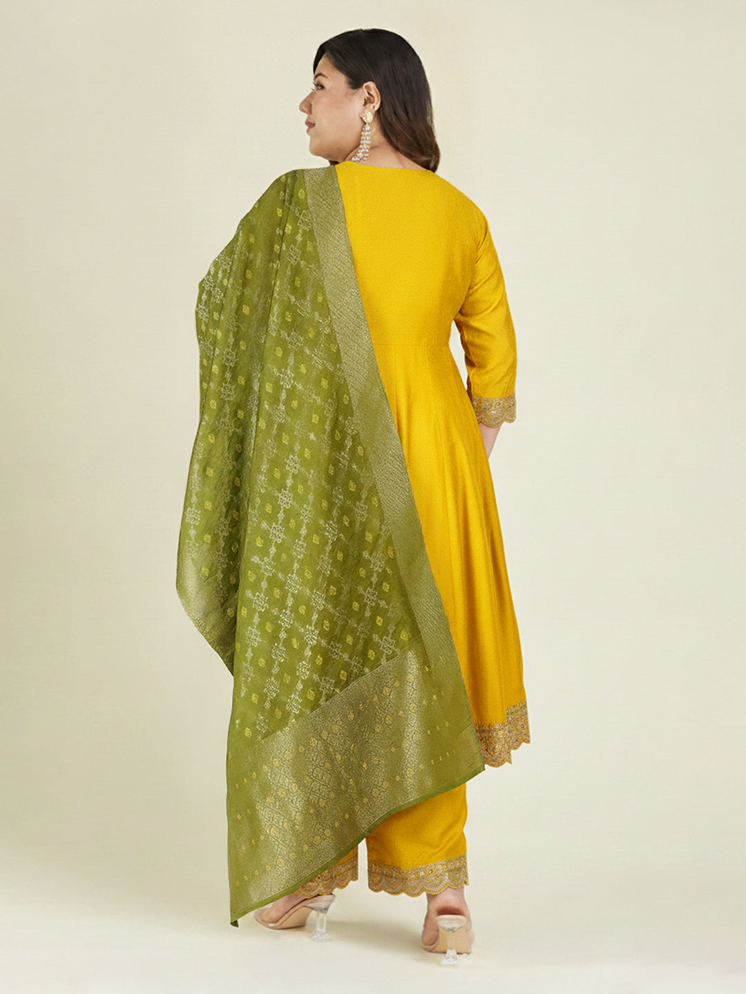 Janasya Yellow Anarkali Silk Blend Kurta,Bottom & Dupatta | Grocsy