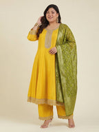 Janasya Yellow Anarkali Silk Blend Kurta,Bottom & Dupatta | Grocsy