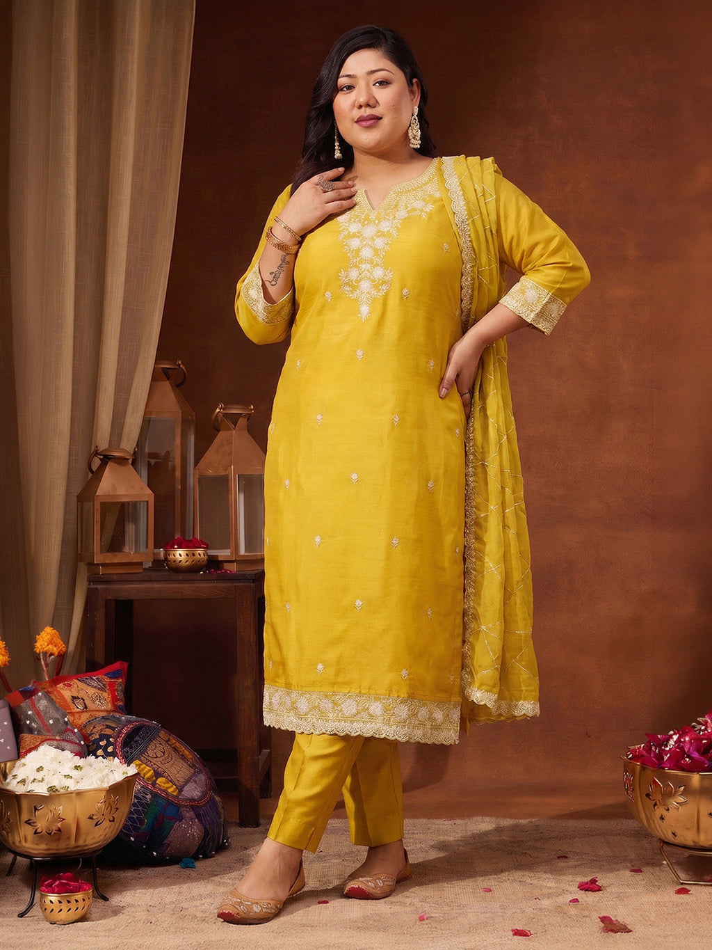 Janasya Yellow Straight Silk Blend Kurta,Bottom & Dupatta | Grocsy