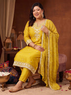 Janasya Yellow Straight Silk Blend Kurta,Bottom & Dupatta | Grocsy