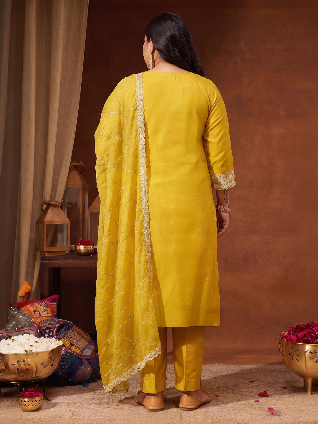 Janasya Yellow Straight Silk Blend Kurta,Bottom & Dupatta | Grocsy