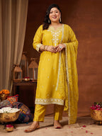 Janasya Yellow Straight Silk Blend Kurta,Bottom & Dupatta | Grocsy