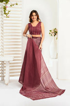 Joban Fashion Maroon Ethnic Motifs Linen Ready To Wear Saree With Unstitched Blouse | Grocsy