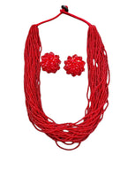Inhanns Vibrant Handmade 20 Layers Beaded Necklace With Matching Earrings - Red | Grocsy